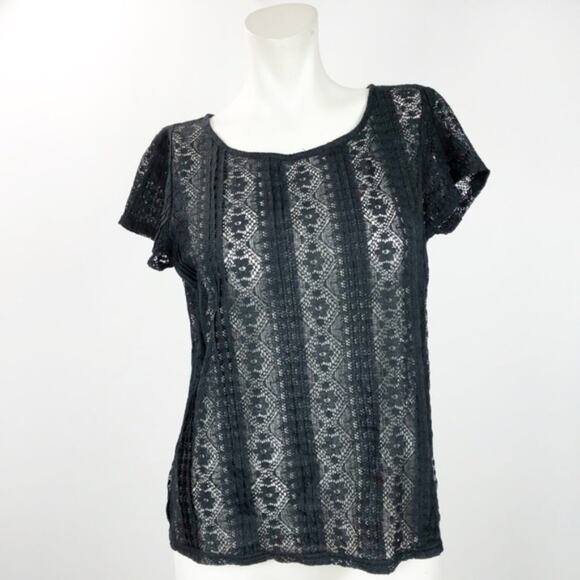 LOFT Medium Petite Womens Black Lace Sheer Top - Picture 4 of 6